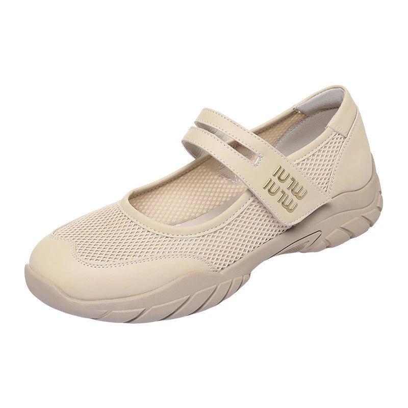 Womens Beige Mesh Mary Jane Sneakers Adjustable Strap Chunky Sole Zpaxo