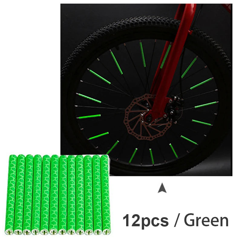 Bicycle Wheel Spokes Reflective Sticker Tube Warning Strip 12Pcs MTB Bike Reflective Mount Clip Wheel Spoke Reflector Stripe Zpaxo green