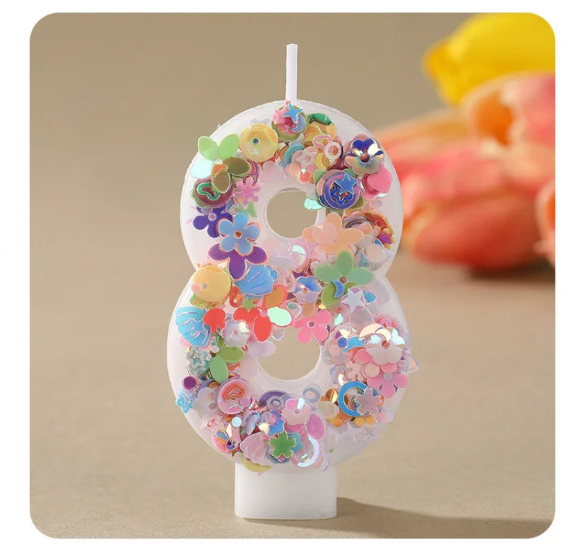 Sequined Flower Number Birthday Candles 0-9 Party Cake Decorations