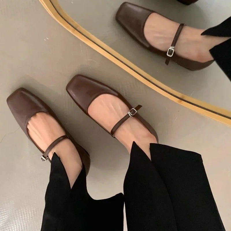 Flats Shoes for Women Spring Autumn Retro Square Toe Shallow Mouth Silver Shoe for Women New Flat Mary Jane Shoes Zpaxo