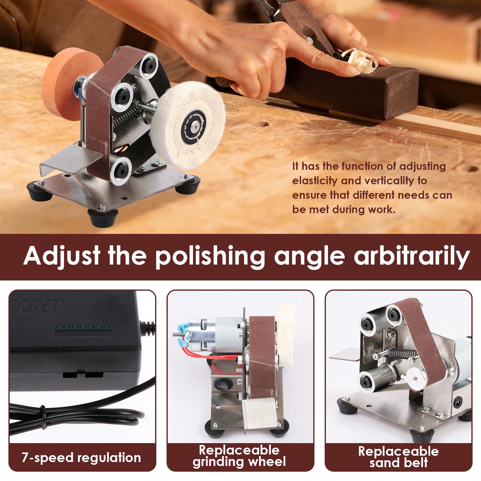 Electric Belt Sander Stainless Steel Mini Belt Grinder Adjustable US Standard 15 Degree Bench Grinder For Wood /Knife Polishing Zpaxo