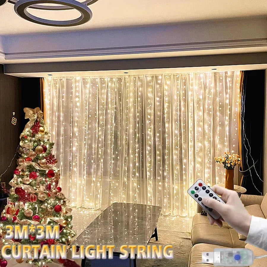 300 LED Curtain String Lights – USB, Remote & 8 Modes | 3×3M