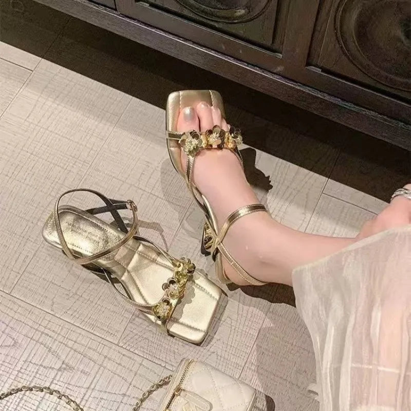 Flower Decoration Ankle Strap Women's Sandals Summer Mid Heel Square Zpaxo Gold 35