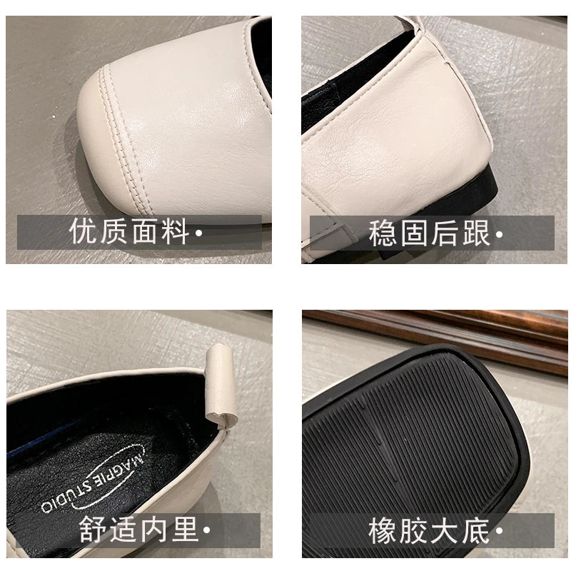 Square Toe Loafers Shoes Woman Soft Leather Retro Sandals Shallow