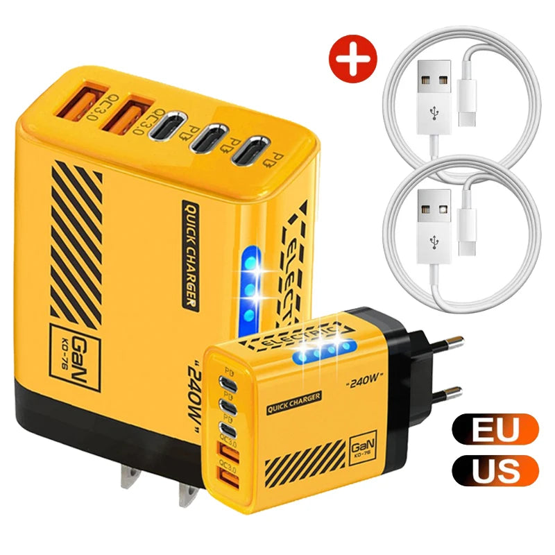 240W 5 Ports Type-c USB Fast Charger EU US Plug QC3 0 Wall LED Light
