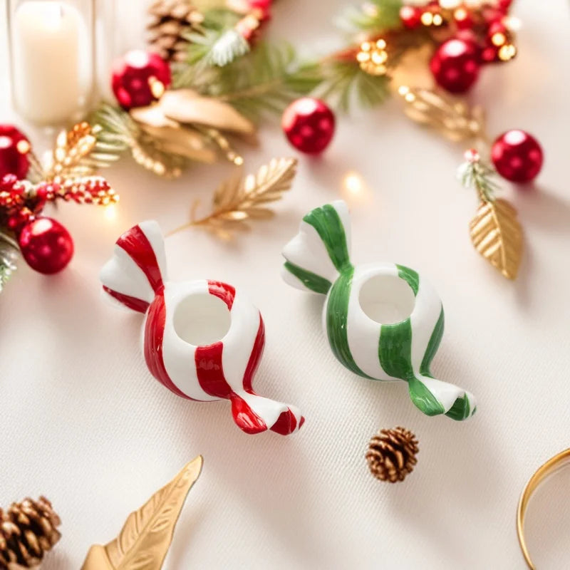 Ceramic Candy Striped Tealight Candle Holder | Festive Decor
