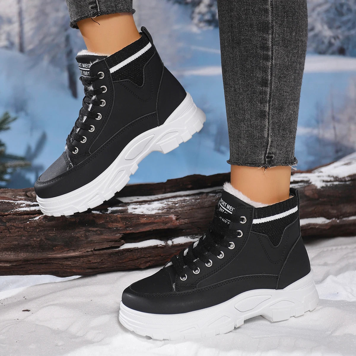Women Snow Boots Waterproof Platform Sports Ankle Boots Winter Warm High Top Cotton Shoes Fashion Height Increased Boots Women Zpaxo black 36