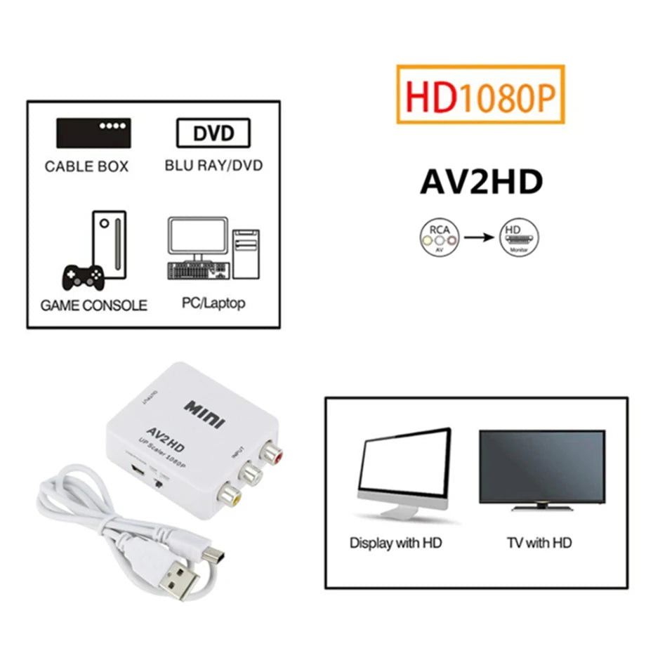 HDTV RCA Converter 1080 AV HDMI-compatible Adapter Video Composite