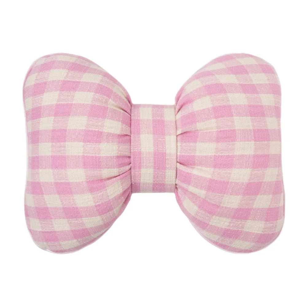 Pink Color Bowknot Pillows Plaid Interior Cute Design Car Seat Neck Rest Grid Pattern Bowknot Shape Bow Shape Pillow Adults Use Zpaxo Pink backrest