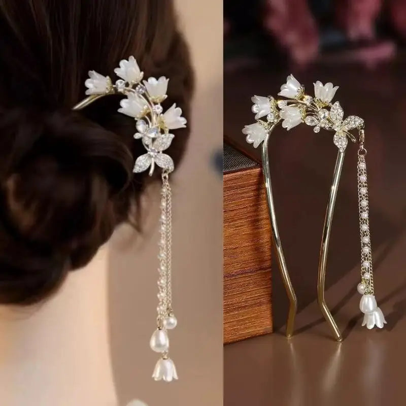 U-shaped Flower Hairpins Women Handmade Vintage Chinese Hanfu Lily Zpaxo A1
