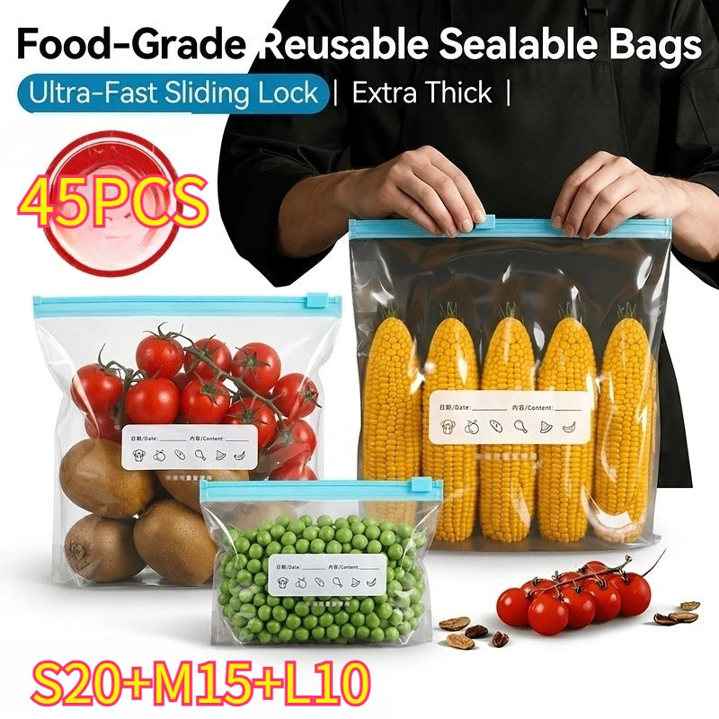 S20+M15+L10 Reusable Zipper Storage Bags Airtight Freezer 3 Sizes