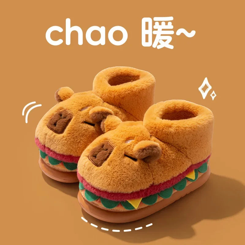 Cute Hamburger Fluffy Slippers Women Men High-top Winter Warm House