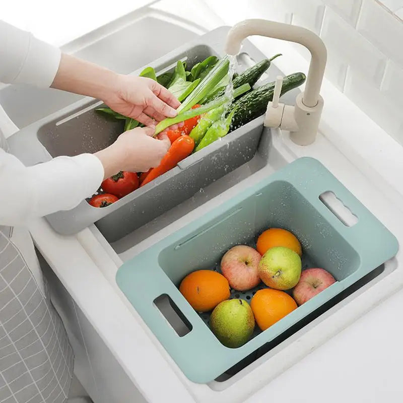 Over Sink Retractable Colander Strainer Basket Wash Vegetables Fruits