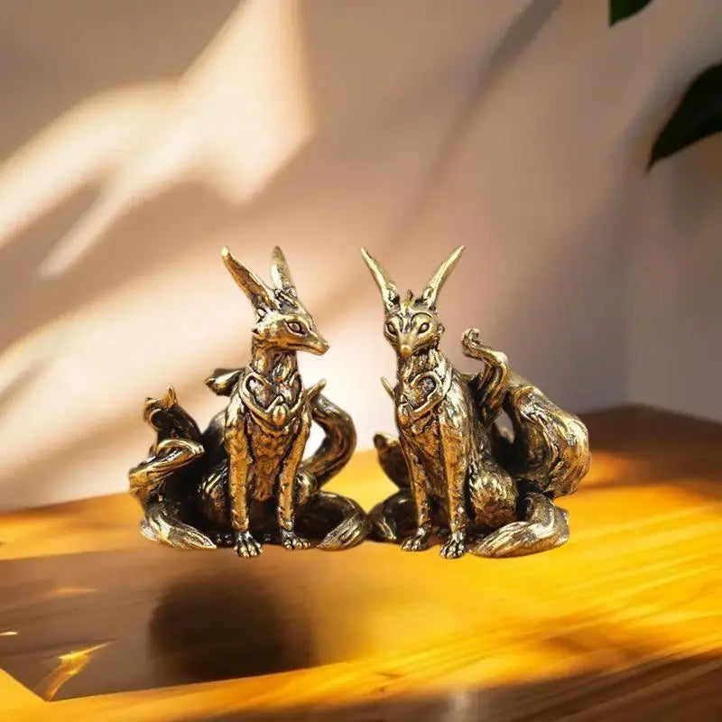 Copper Miniature Nine-tailed Fox Sculpture Brass Desk Accessory Zpaxo