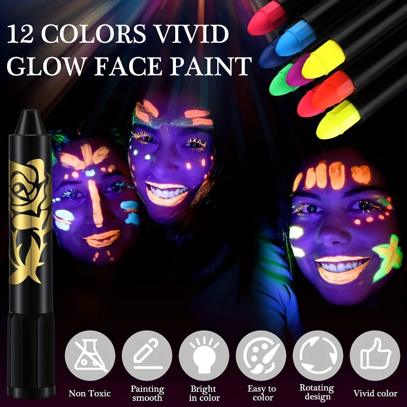 UV Neon Face Body Paint Fluorescent Glow Dark Crayons Sticks Mardi Zpaxo