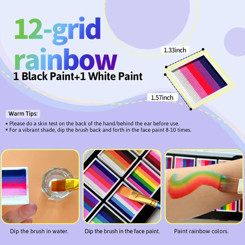 12 Grids Face Body Paint Palette Makeup,Rainbow Split Cake Palette,Water-based Non-Toxic Face Paint For Halloween Festivel Party Zpaxo