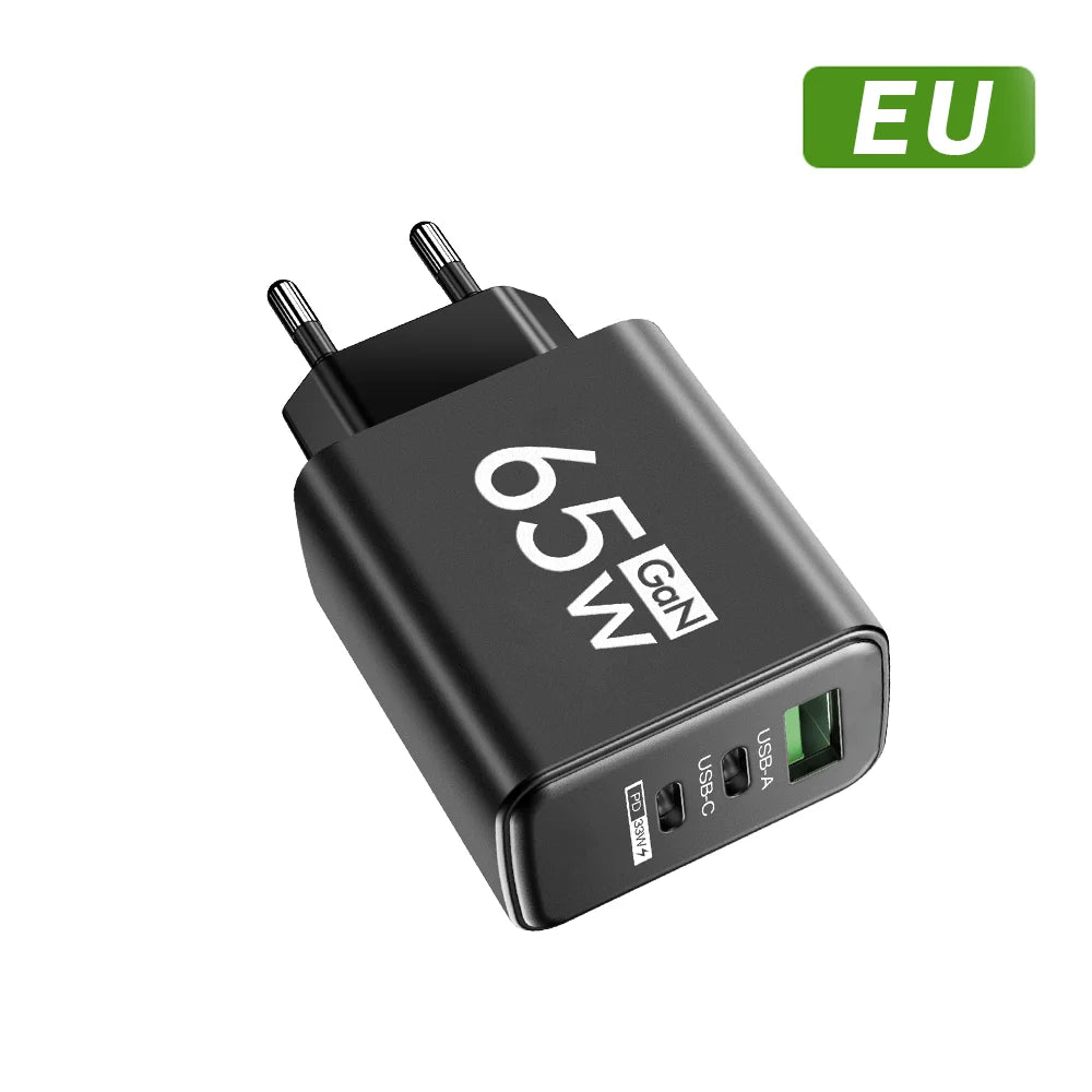 65W 3 Port GaN USB Charger Type C Fast Charging Phone Charger Adapter For iPhone Samsung Xiaomi Huawei Quick Charge Wall Charger Zpaxo EU Black