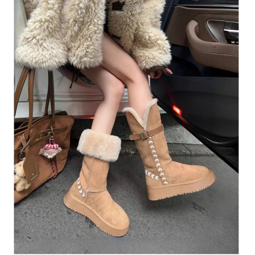 Belt Buckle Boots Winter Round Head Suede Warm Sleeve Thick Bottom