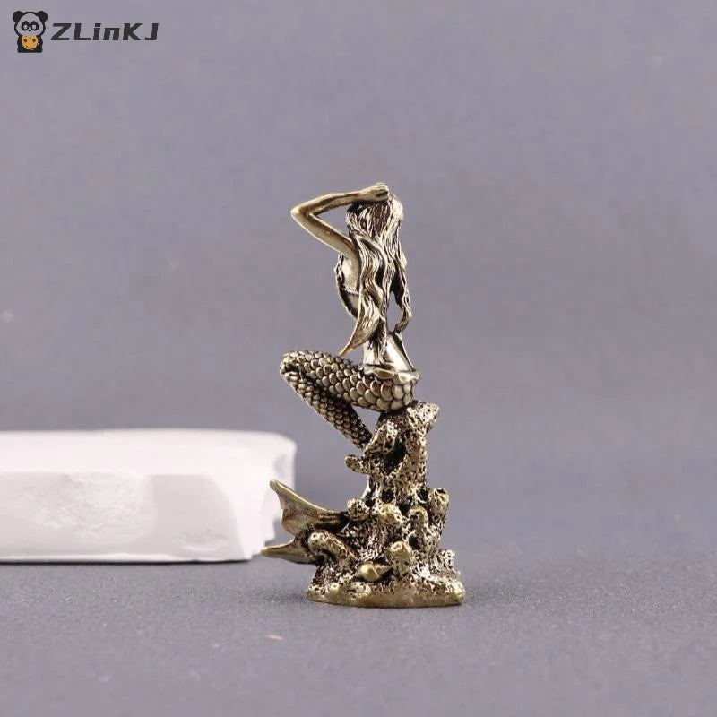 ▶1PCS Mini Brass Mermaid Figurine Fairy Tale Character Mermaid Princess Statue Zpaxo