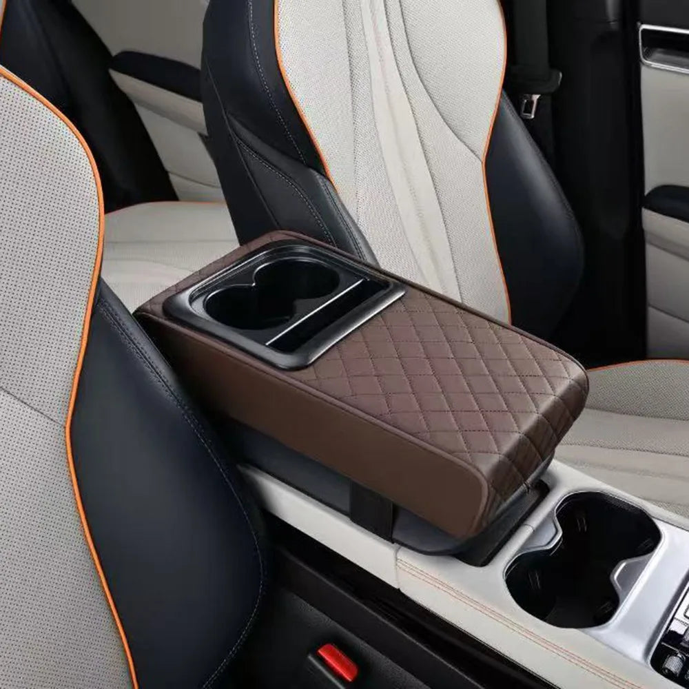 PU Leather Center Console Armrest Pillow Waterproof Thicken Car Armrest Box Cushion Soft 2 Cup Holder Auto Arm Rest Protector Zpaxo Rhomboid Coffee
