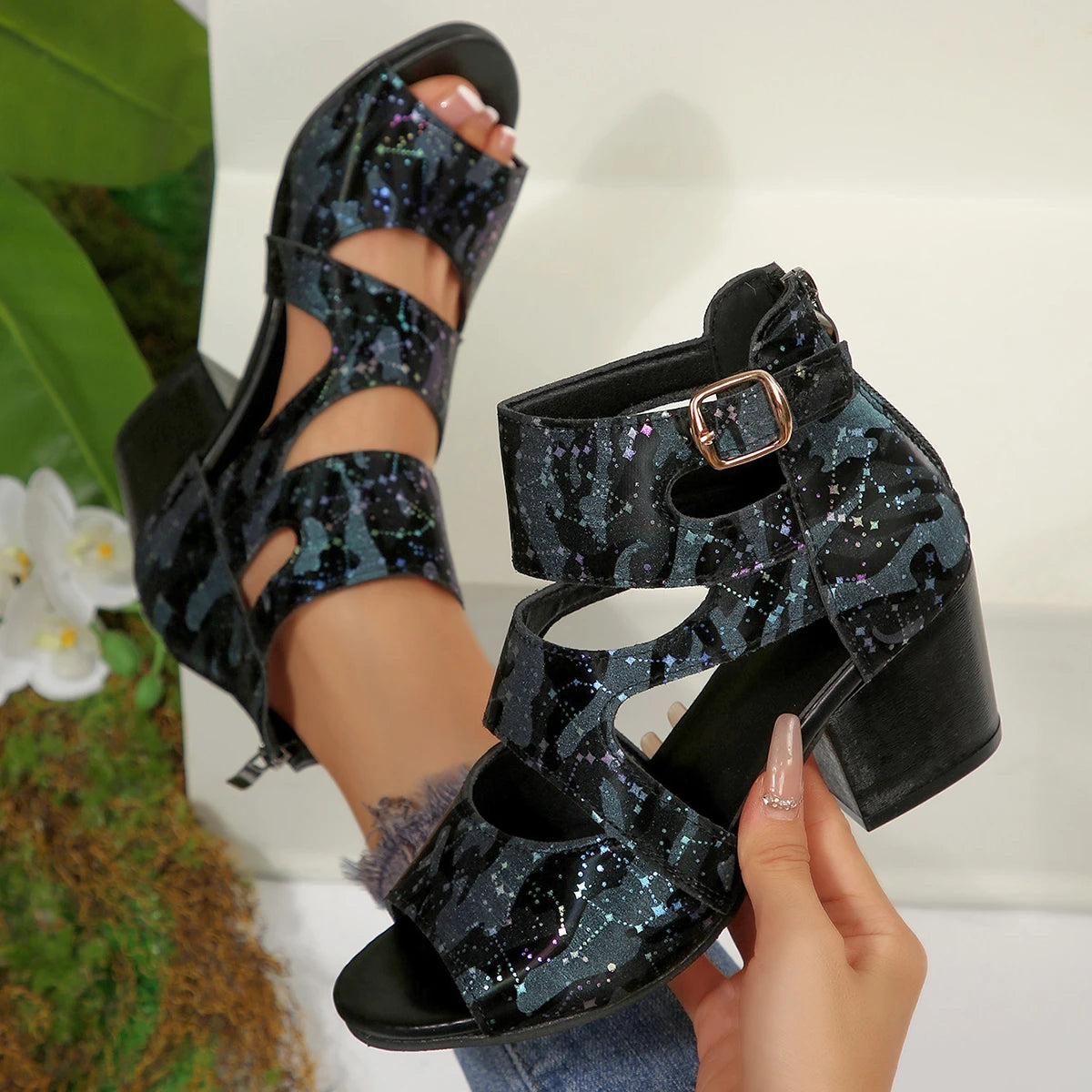 Women Sandals 2025 Sexy Shoes Designer Cross Strap Colorful Pattern Zpaxo black 43