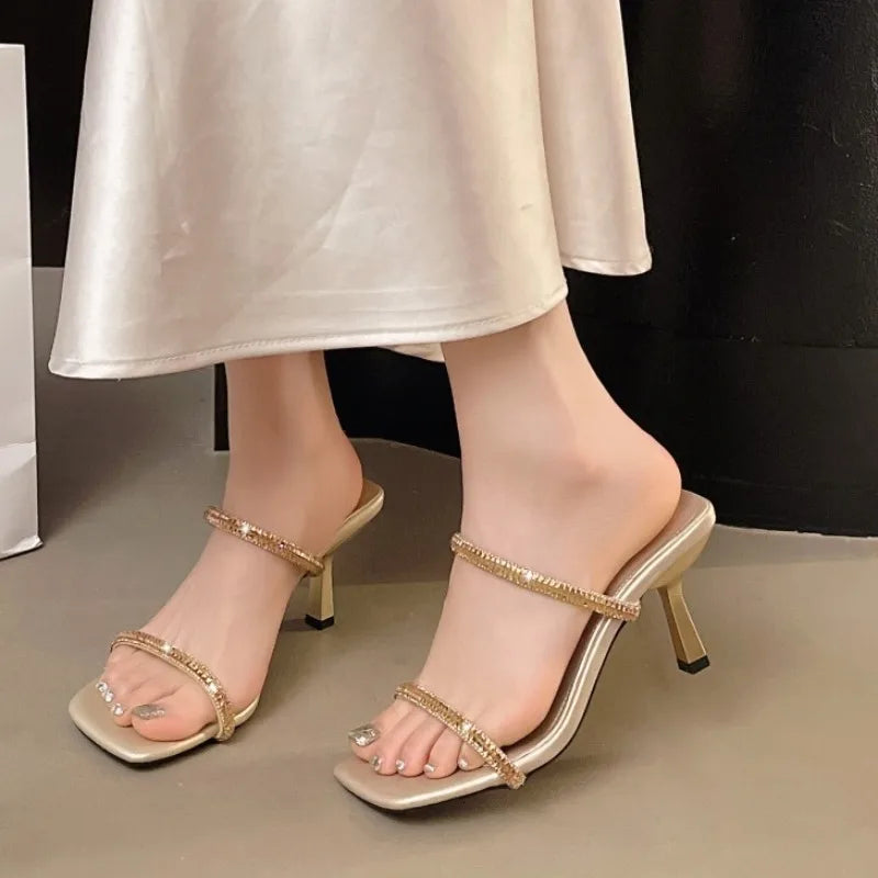 Square Toe Women's Rhinestone Strap Slippers Summer Temperament Open Zpaxo