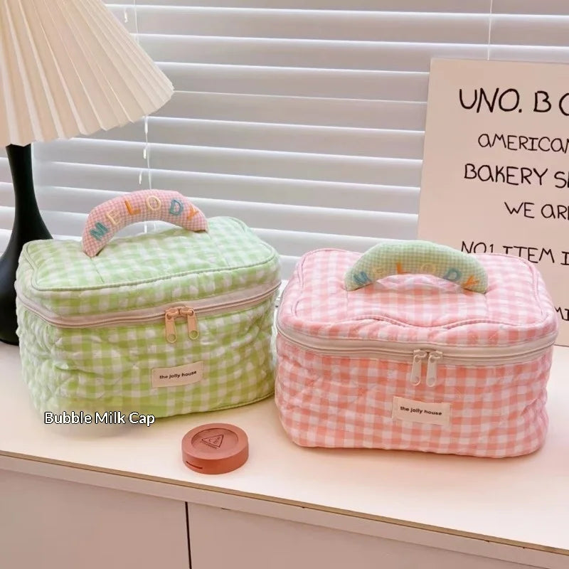 Korean Checkered Cotton Makeup Bag – Large Travel Cosmetic Pouch Travel Cosmetic Bag Zpaxo