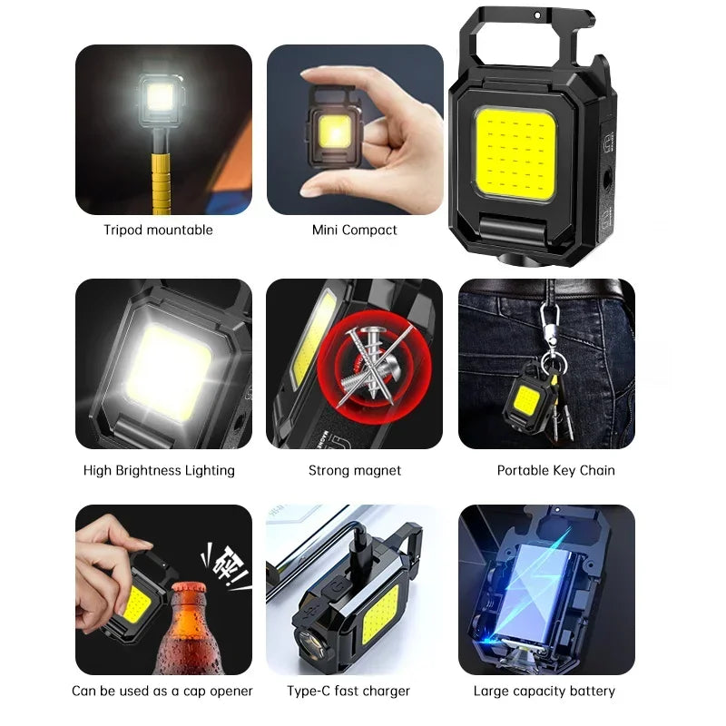 Mini COB LED Keychain Flashlight | USB-C Rechargeable Work Light LED Keychain Work Light Zpaxo