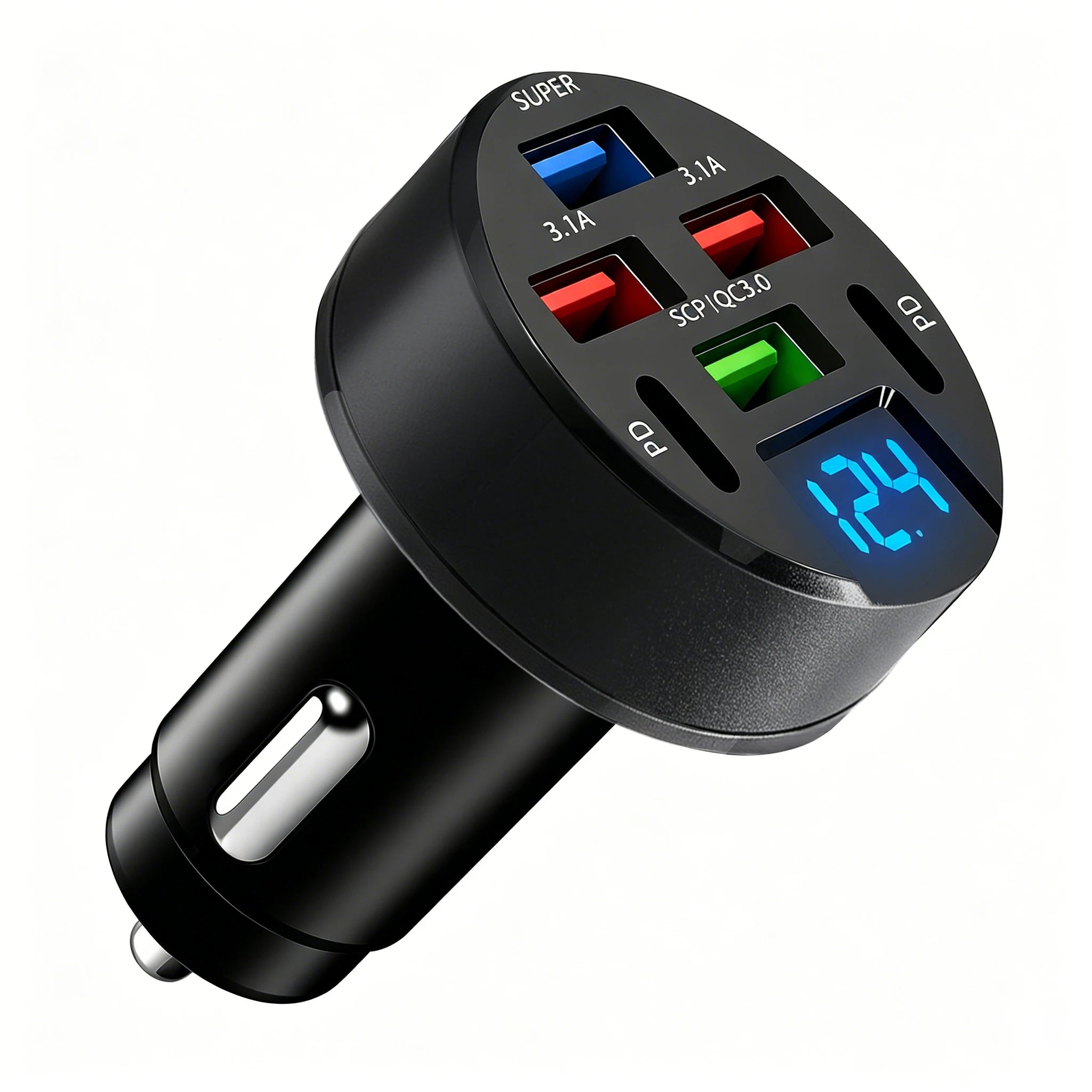 6 Port USB C Car Charger Real-time Voltage Display Multi 12V 24V Fast Zpaxo Black