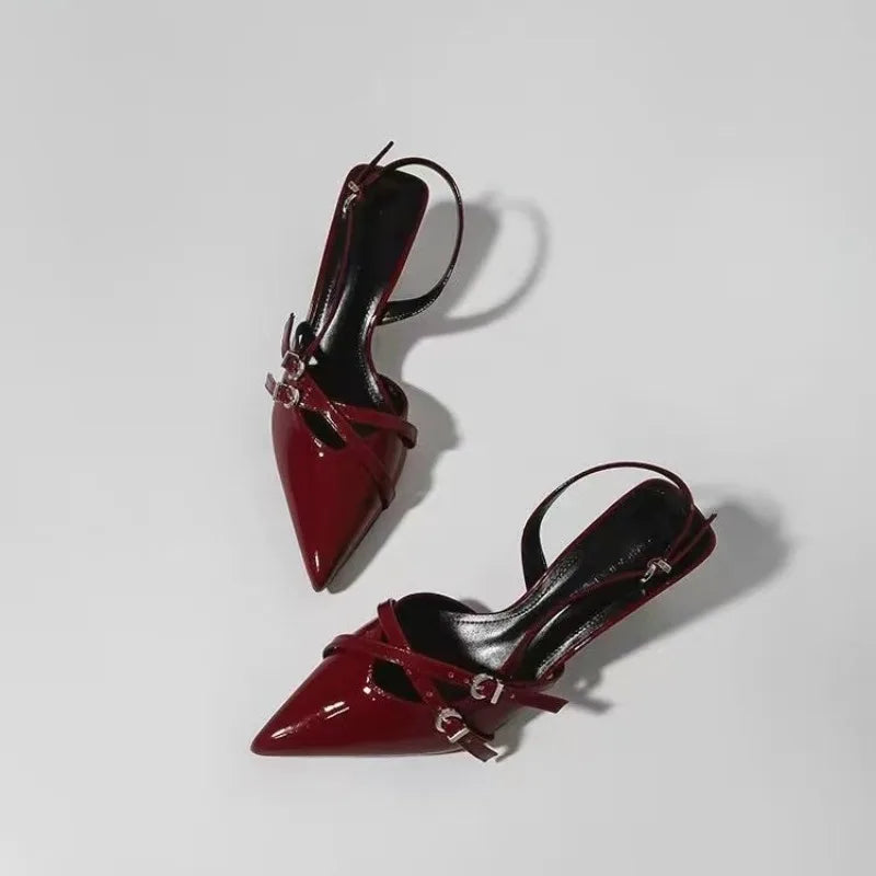 Fashionable Pointed Toe Shallow Mouth New High-heeled Shoes Summer Elegant Buckle Decorated Stiletto Black Women's Shoes Zpaxo wine red 39