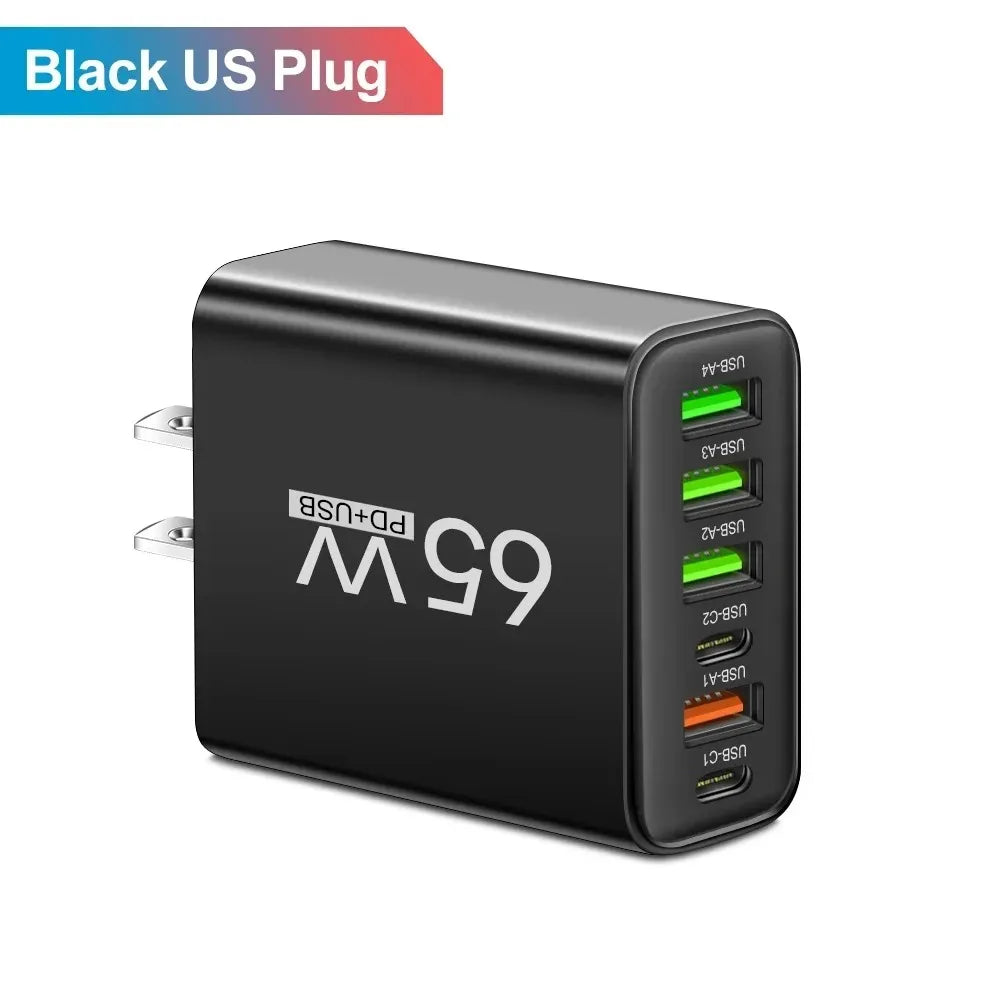 65W USB Charger Fast Charging Adapter for Xiaomi Samsung Huawei P70 iPhone Travel Mobile Phone Quick Charger Adaptor Zpaxo US Plug Black