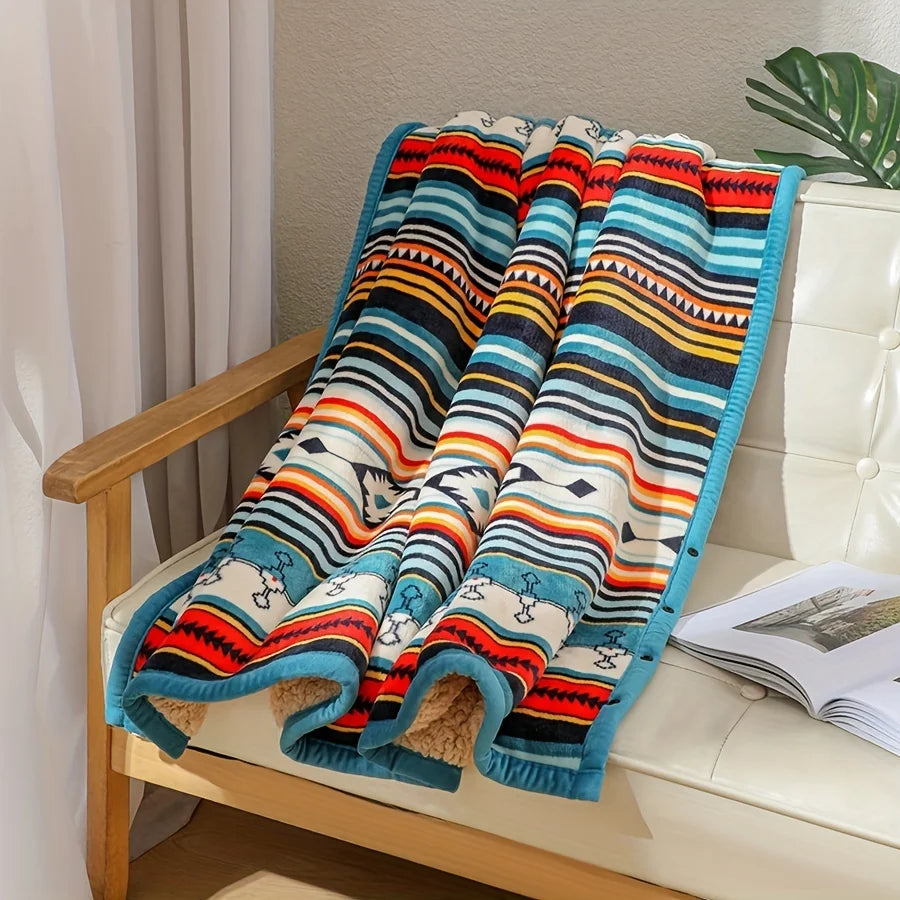 Nordic Stripe Fleece Blanket Double Layer Thick Warm Boho Sofa Bed Zpaxo