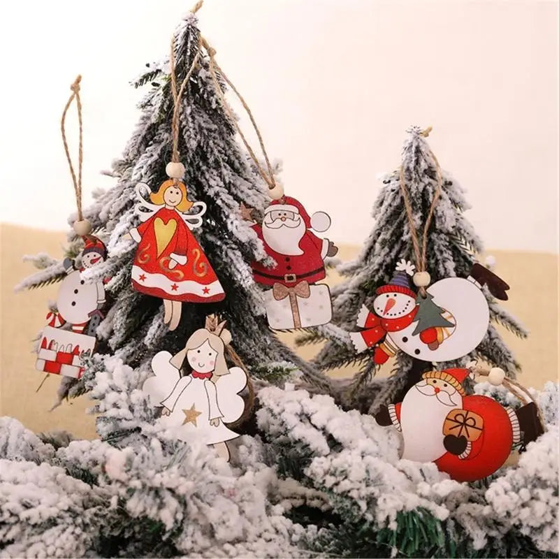 Hand Painted Natural Wooden Christmas Ornaments Hanging Pendant Santa