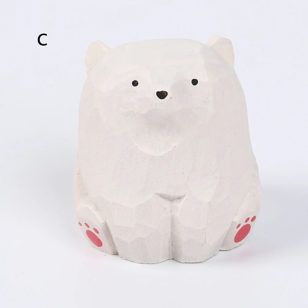 Mini Wooden Bear Figurine Handcrafted Miniature Polar Bear Animal Figurines Office Home Decor Art Carving Work Zpaxo White