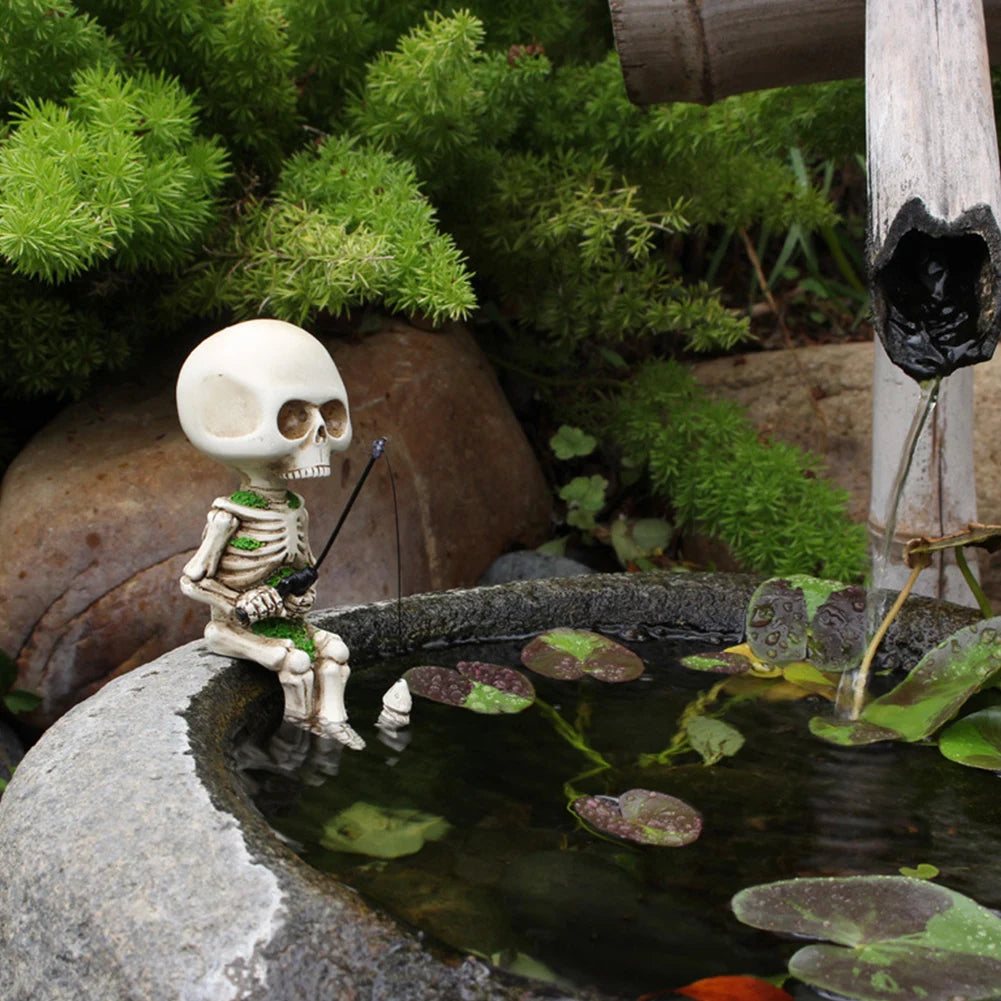 Resin Cute Skull Fisher Sculpture Halloween Decor Mini Figurines