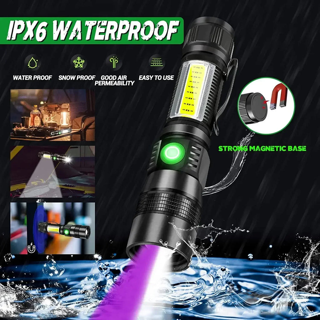UV LED Flashlight USB Rechargeable 1200 Lumen 7-Mode Torch