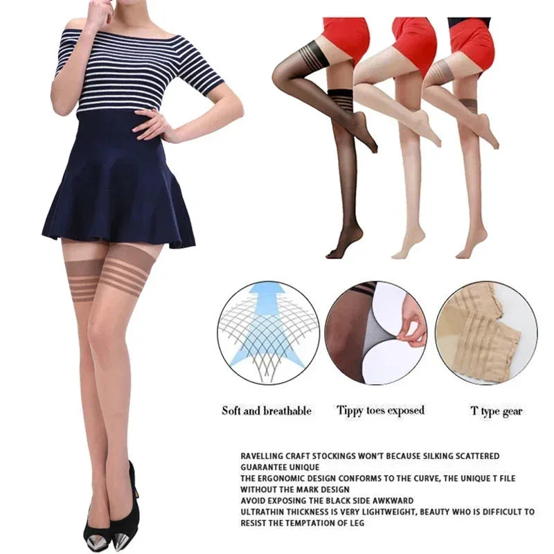 Women's Nylon Thigh High Stockings – Striped Knee Socks