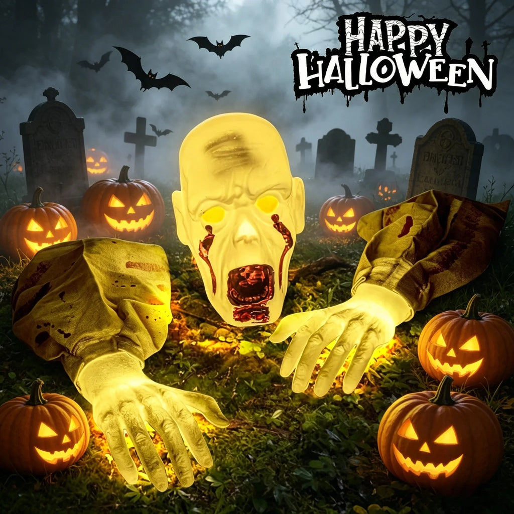 Realistic Zombie Statue LED Light Haunted House Scary Face Arm