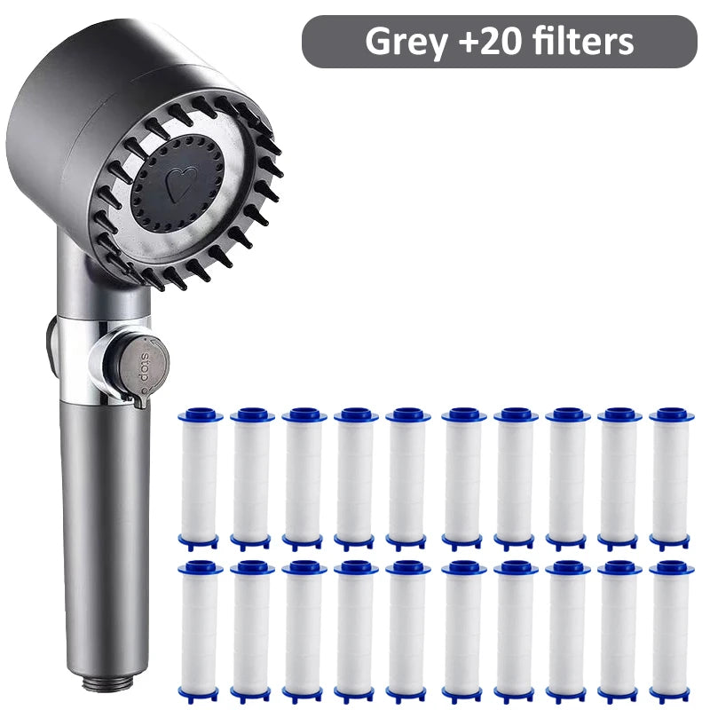 High-pressure Massage Shower Head 4 Modes Rain One-touch Stop Filter Zpaxo Grey and 20 Filter
