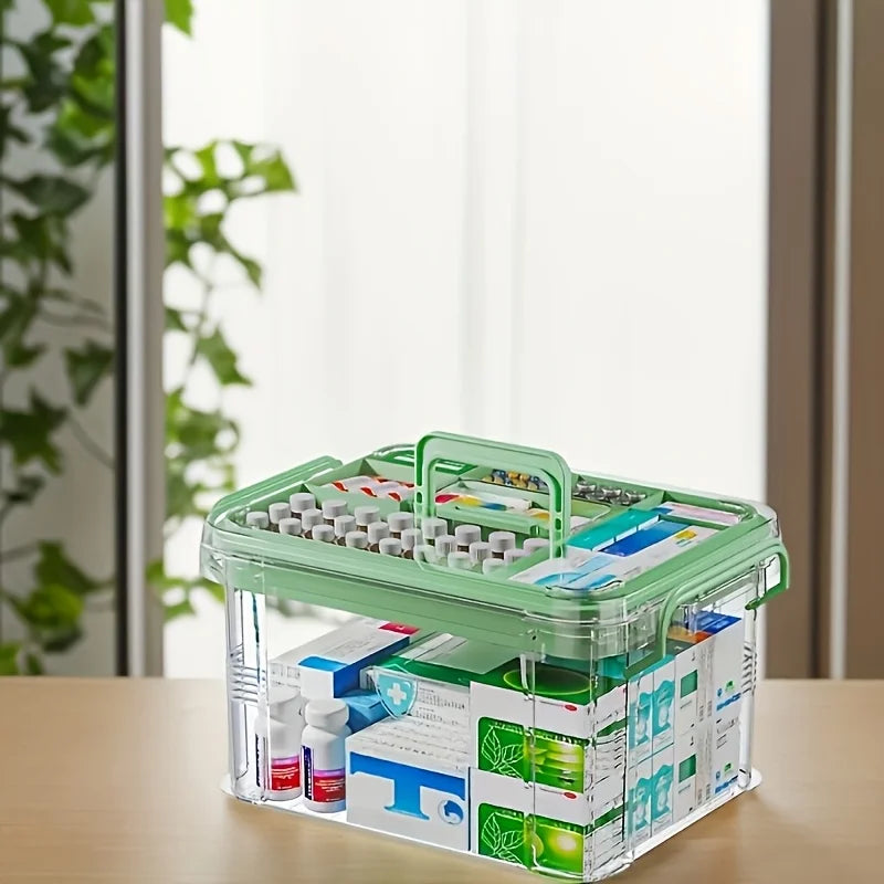 Durable Double-layer Transparent Medicine Storage Box Handle Clear Zpaxo Transparent Green