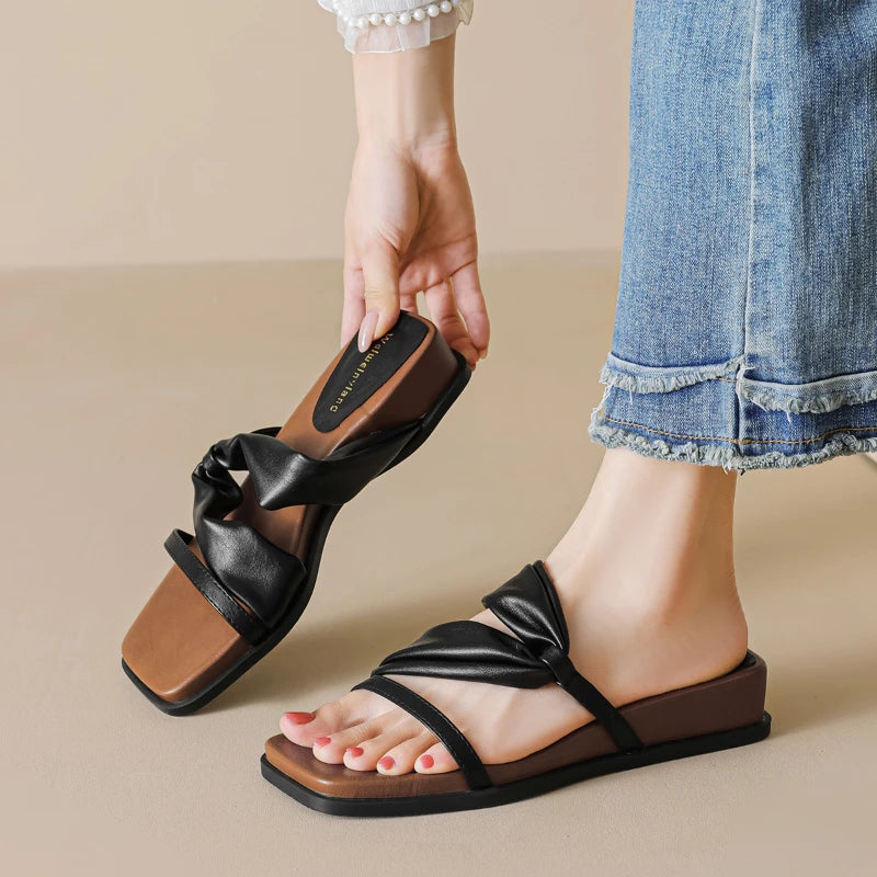 Women Platform Square Toe One Strap Slide Sandals Outdoor Wear French Zpaxo