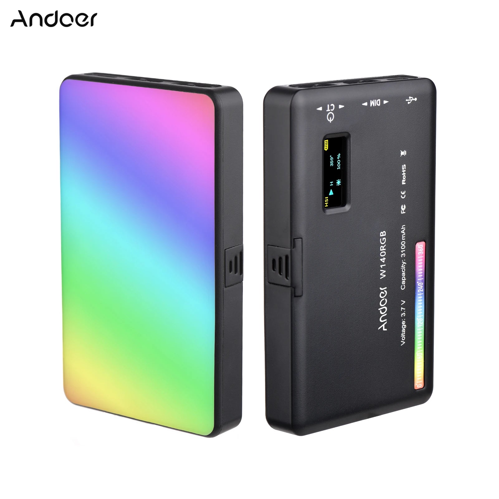 Andoer W140 RGB LED Video Light Rechargeable Photography Fill CRI95+