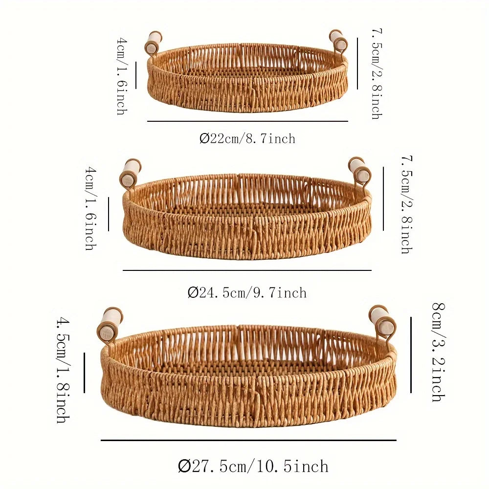 1 Round Handmade Woven Plastic Rattan Storage Basket Wooden Handle