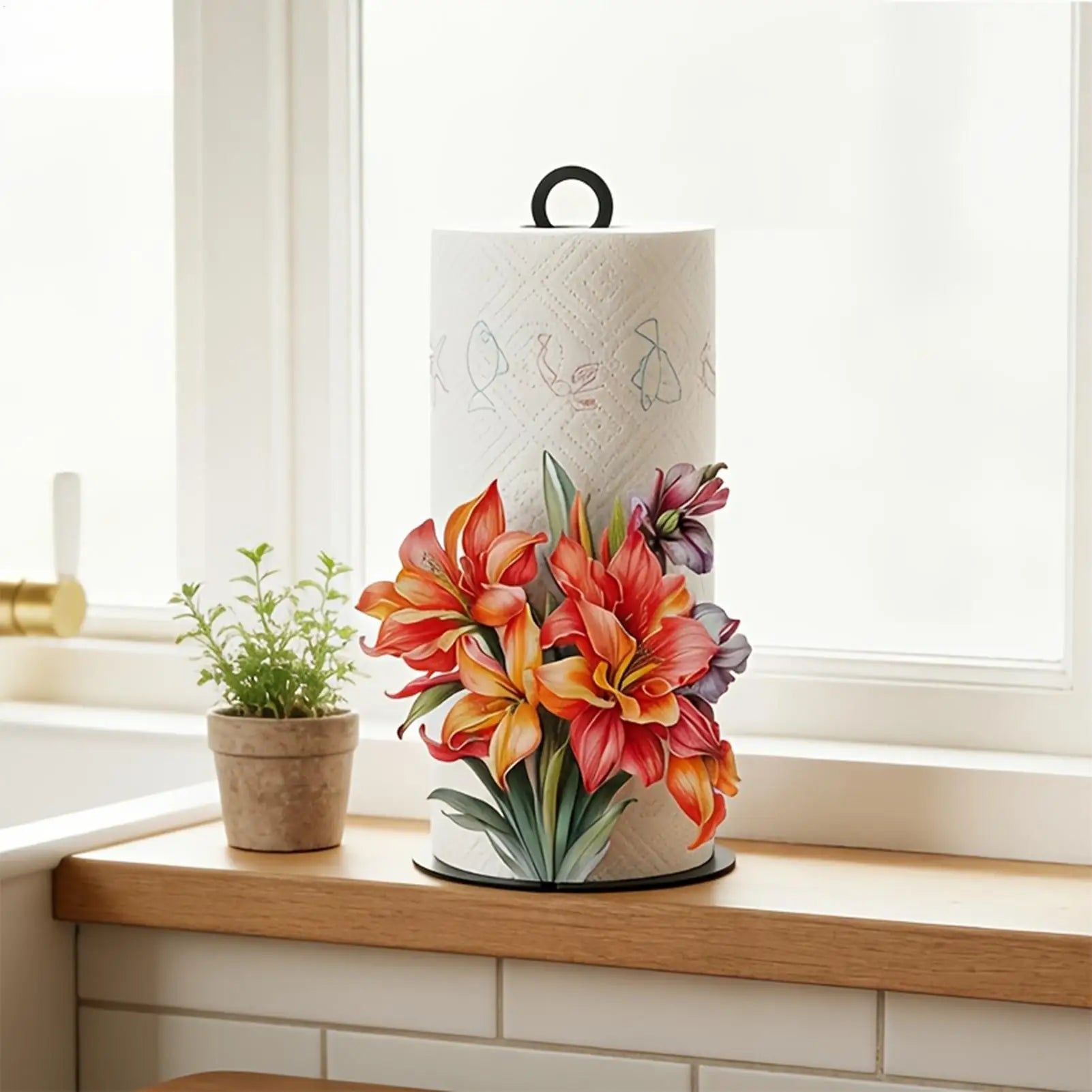 Paper Towel Holder Tissue Roll Storage Rack Counter 2D Flower Pattern
