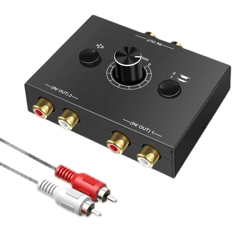 Bi-directional Audio Switcher RCA Adapter Mute Button 1 Out 2 Stereo