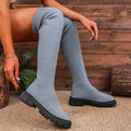 2025 New Women Knee Boots Trend Slip on Shoes Woman Thick Bottom Luxury Knee High Boots Chunky Platform Knitted Long Boots Women Zpaxo GRAY 41