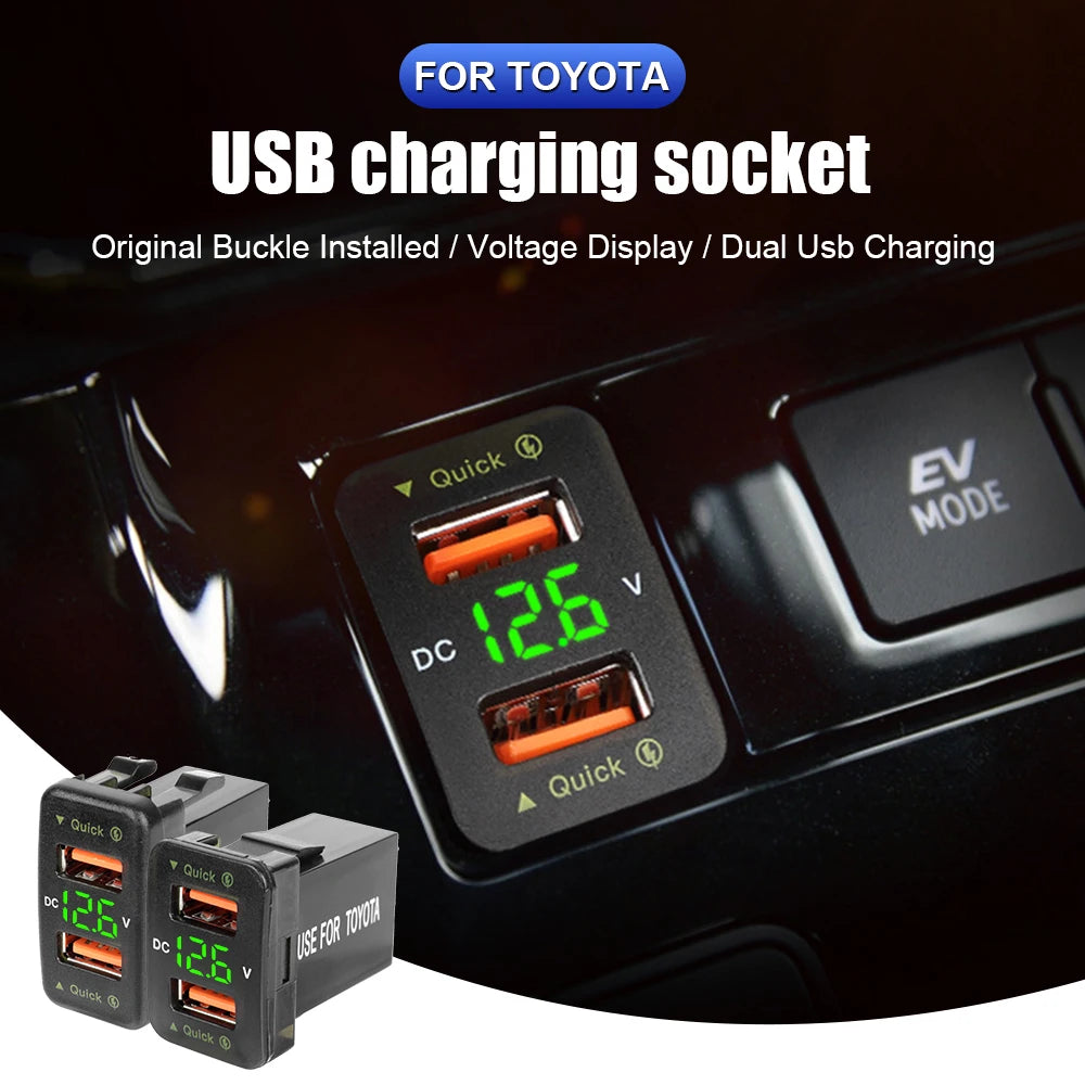 QC 3.0 USB Charger For Toyota Corolla Yaris RAV4 Car Power Adapter Socket Fuse LED Indicator Voltmeter Test Interior Accessories Zpaxo