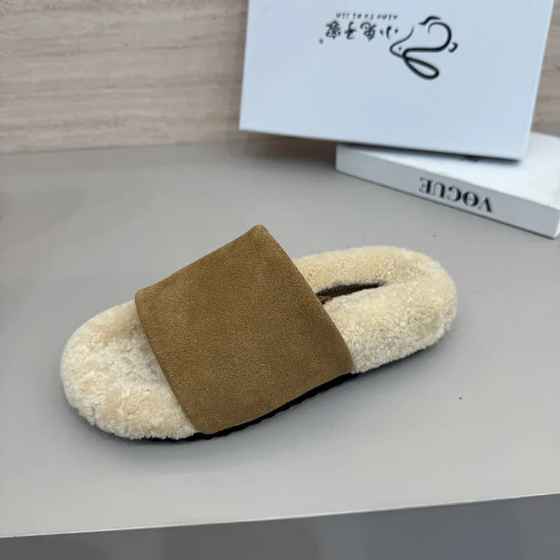 Flats Women Slippers Fur Casual Shoes Suede 2025 Winter Open Toe