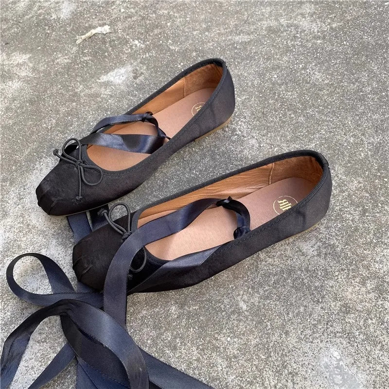 Mary Jane Strapped Flat Shoes for Women 2024 New Style Spring Autumn Square Head Flat Heel French Black Ladies Ballet shoes Zpaxo Black 41