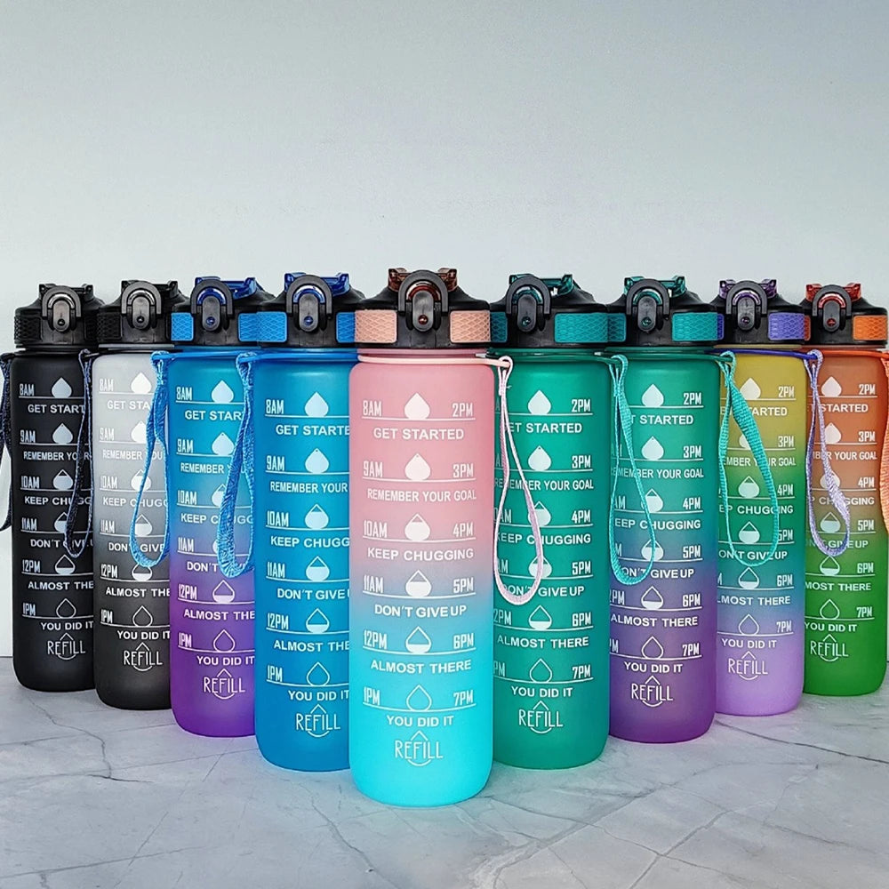 1000ml Water Bottle with Time Scale Straw for Outdoor Sports Plastic Gradient Color Leak Proof Water Bottle Zpaxo